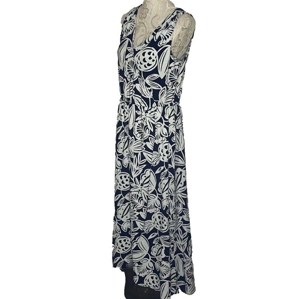 Talbots L Navy Blue White Floral print Knit Jersey Maxi Dress Faux Wrap Stretch